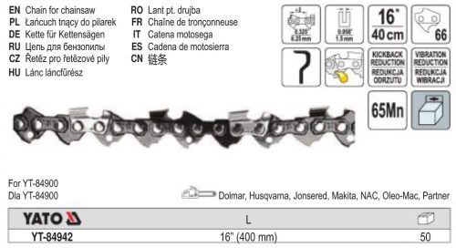 YATO YT-84942 Láncfűrész lánc 16 Col 0,325 Col 1,5 mm 66 szem