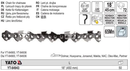 YATO YT-84943 Láncfűrész lánc 18 Col 0,325 Col 1,5 mm 72 szem