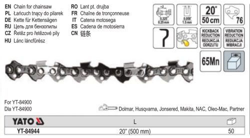 YATO YT-84944 Láncfűrész lánc 20 Col 0,325 Col 1,5 mm 76 szem
