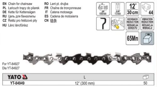 YATO YT-84949 Láncfűrész lánc 12 Col 3/8 Col 1,3 mm 44 szem