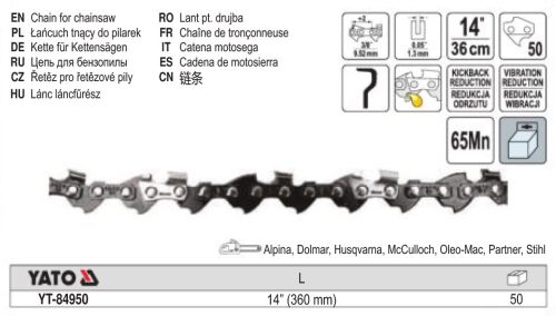 YATO YT-84950 Láncfűrész lánc 14 Col 3/8 Col 1,3 mm 50 szem