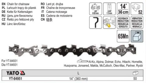 YATO YT-84951 Láncfűrész lánc 14 Col 3/8 Col 1,3 mm 52 szem
