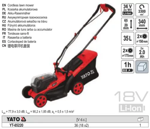 YATO YT-85220 Akkus fűnyíró 340 mm 2 x 18 V (2 x 2,0 Ah akku + töltő)