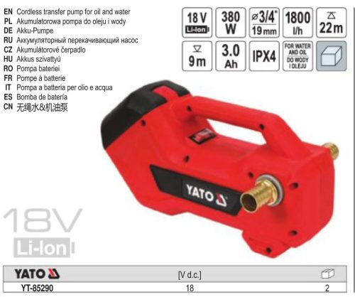 YATO YT-85290 Akkus víz- és olajszivattyú 18 V 3/4 Col (1 x 3,0 Ah akksi + töltő)