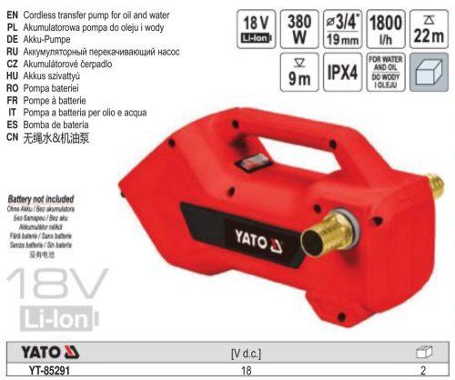 YATO YT-85291 Akkus víz- és olajszivattyú 18 V 3/4 Col (akksi és töltő nélkül)