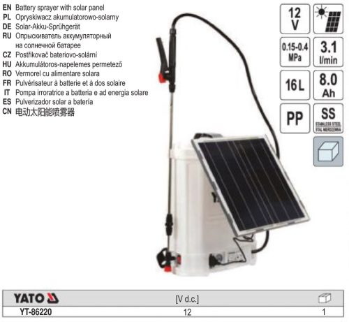 YATO YT-86220 Akkus és napelemes háti permetező 16 liter 12 V 8,0 Ah