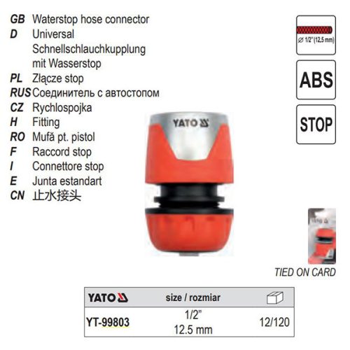 YATO YT-99803 Tömlő gyorscsatlakozó stoppos 1/2 Col